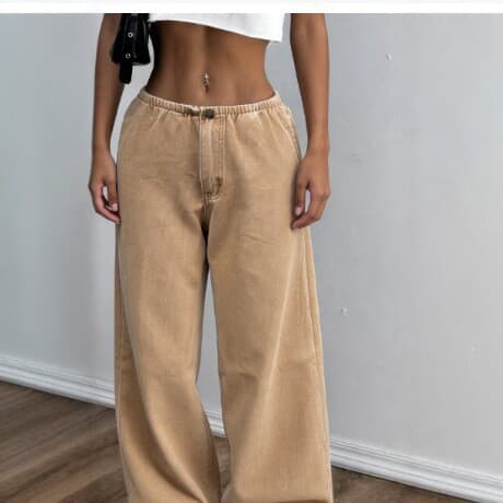 2026 New European and American Style Loose Wide Leg Drawstring Casual Pants for Women Solid Color High Waist Straight Pants Fashionable and Versatile