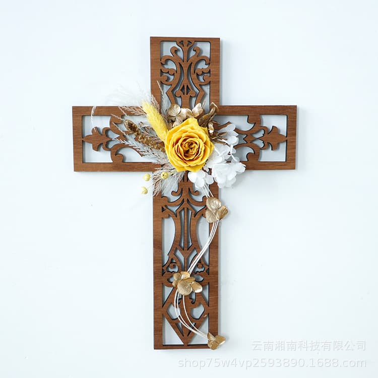 Christmas gift eternal flower cross pendant wooden hollow crafts religious decoration prayer ornaments