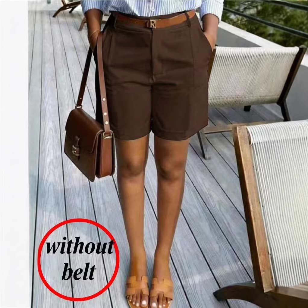2026 Spring New Women's Brown Elegant Shorts with Pockets, Comfortable and Versatile for Travel and Leisure