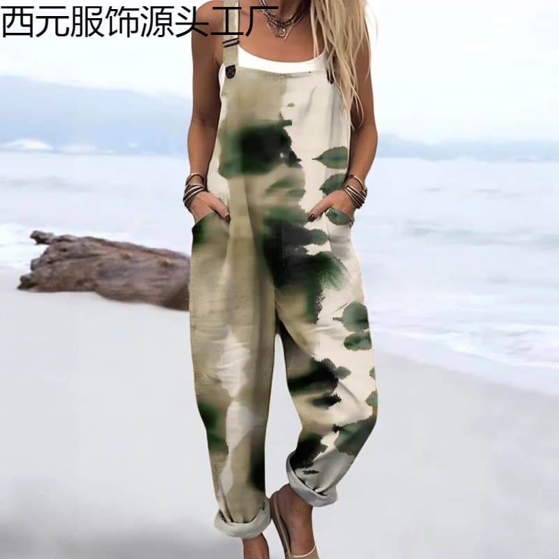 2026 New Cross-Border Women's Amazon Europe and USA Summer Digital 3D Printed Button Suspender Casual Pants Overalls