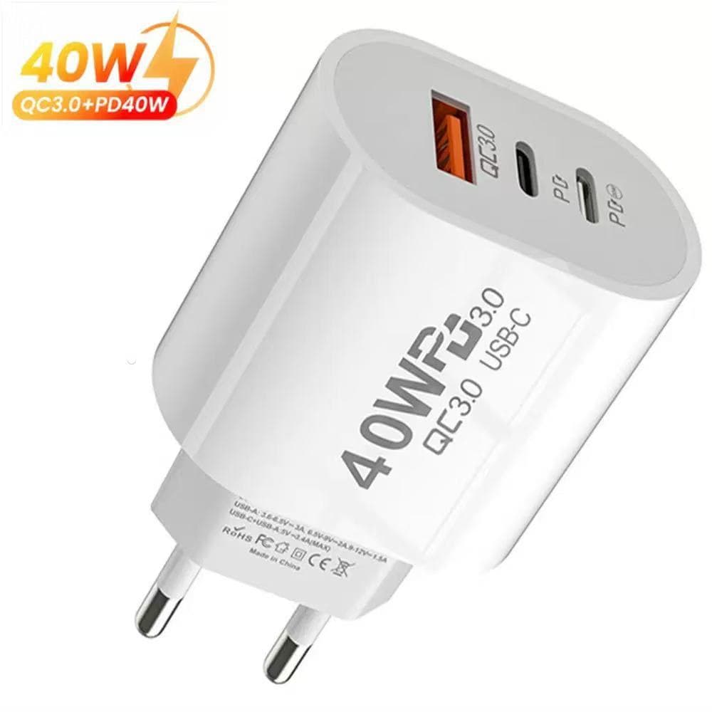 40W Oval Dual PD + 1 USB Fast Charger, 5V 3A Power Adapter, QC Multi-Port Charging Head (European and American Standard)