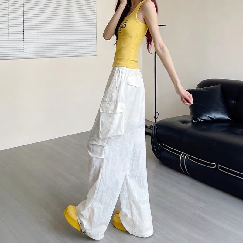 White Nylon Quick-Dry Cargo Pants for Women Summer Thin Multi-Pocket Slimming Wide Leg Pants Petite American Sport Pants