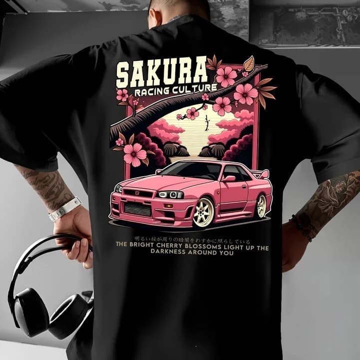 Pure cotton short-sleeved t-shirt men's loose racing Japanese men's cherry blossom graphic sports t-shirt trendy brand cherry blossom cross-border competition