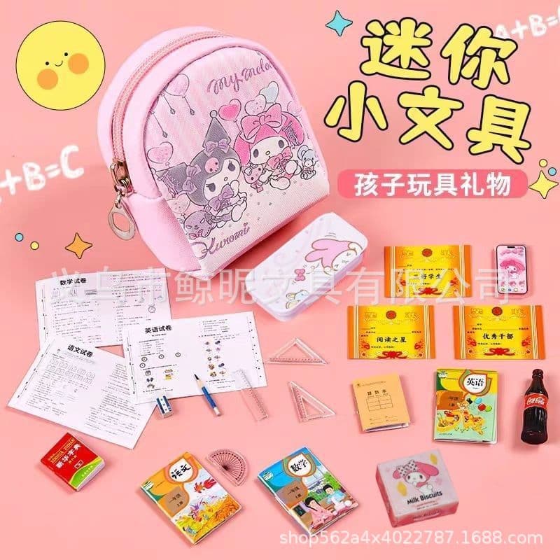 Miniature stationery for girls, toy backpack, miniature cute toys, realistic items, complete set of books and test papers