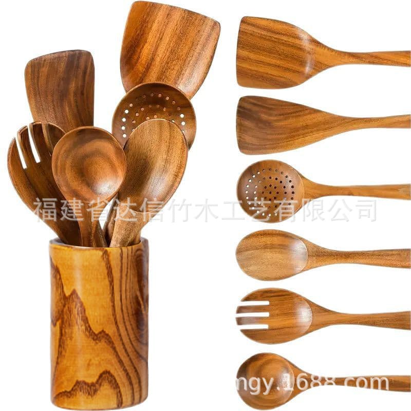 Cross-border Cooking Set Acacia Wood Kitchen Utensils Long Handle Spatula Solid Wood Spoon Fork Non-stick Pan 10-Piece Set