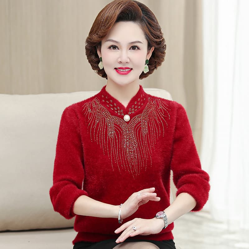 Thickened Woolen Flag Dress Collar Sweater Fashionable Loose Knitted Top Imitation Otter Fur Middle-Aged Women's Winter Clothes