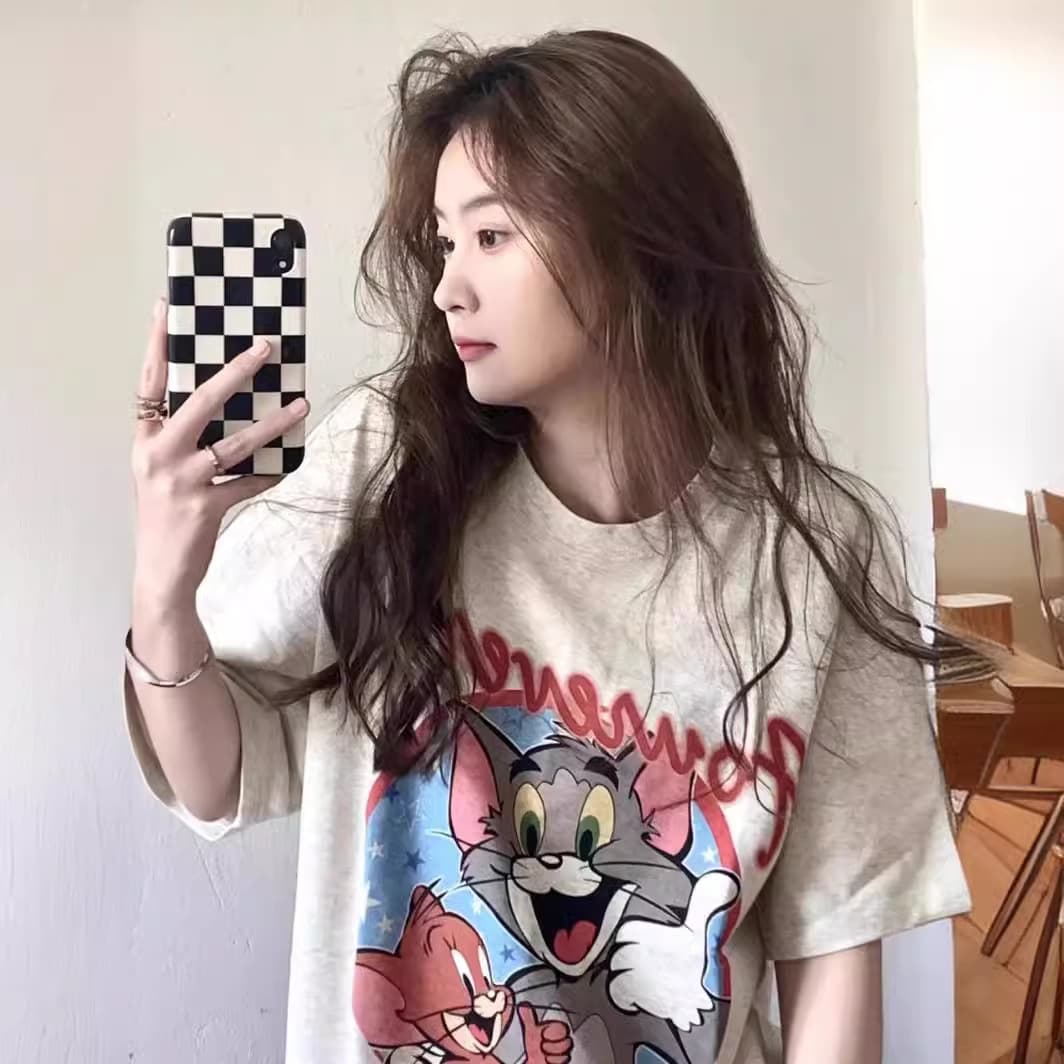 American Retro Niche Stylish Cartoon Tom and Jerry Round Neck T-Shirt Short Sleeve Loose Top for Women Ins