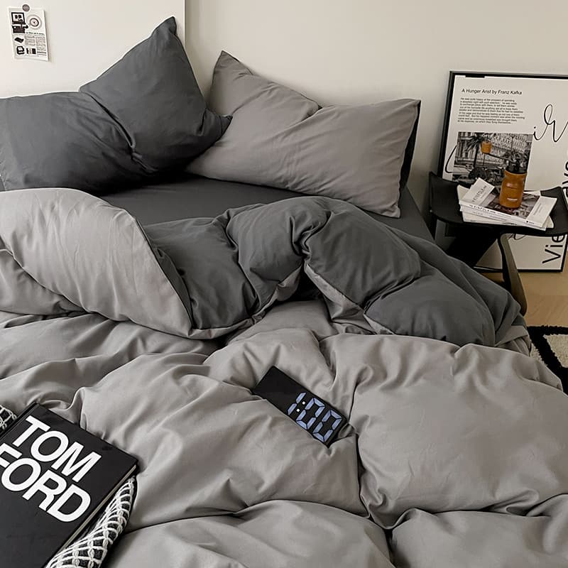 Ins-style Solid Color Two-Piece Washed Cotton Bedding Set, Four-Piece or Student Dormitory Sheet and Quilt Cover Set, Smog Gray Three-Piece Set