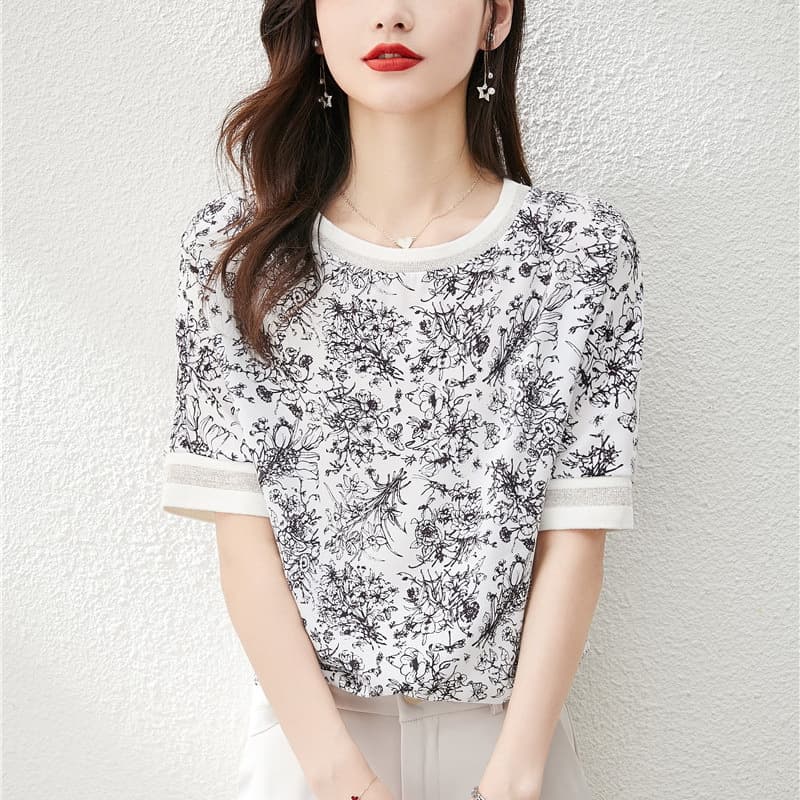 Chiffon T-shirt for Women, Mid-Sleeve Summer 2025 New Loose Fit Chinese Ink Wash Print Top