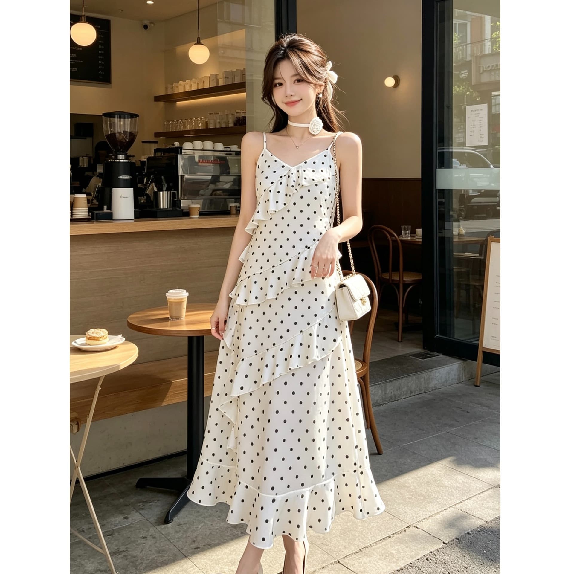 Polka dot suspender dress for women 2026 summer new design waist slimming French ruffle long skirt