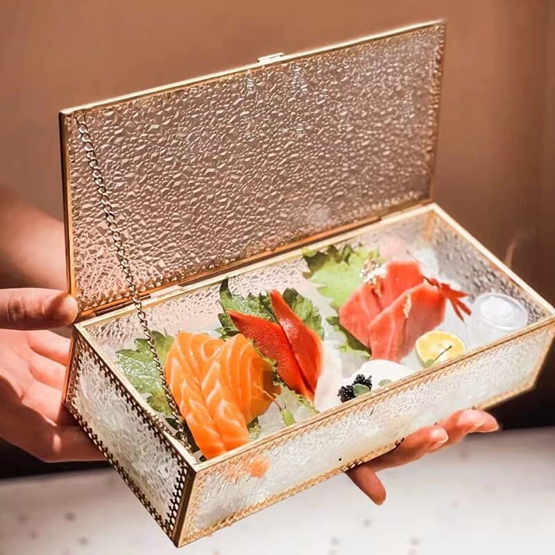 Japanese Luxury Gold Rim Rectangular Glass Sashimi Box with Lid, Creative Tableware for Hot Pot