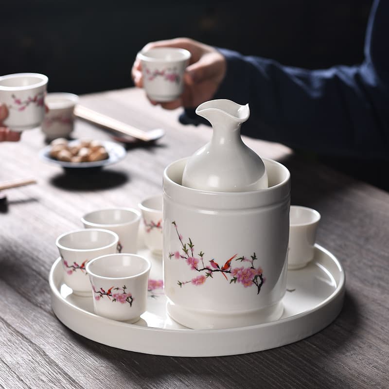 Premium Blue and White Porcelain Chinese Ceramic Wine Warmer Set with Cups, Rice Wine Heater
