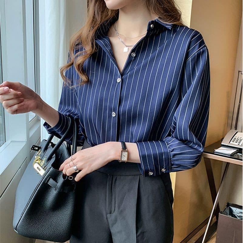 Women's Spring and Autumn Base Layer Shirt, New School Style Salt-White Long-Sleeve Striped Blouse, Polo Neck Loose Top