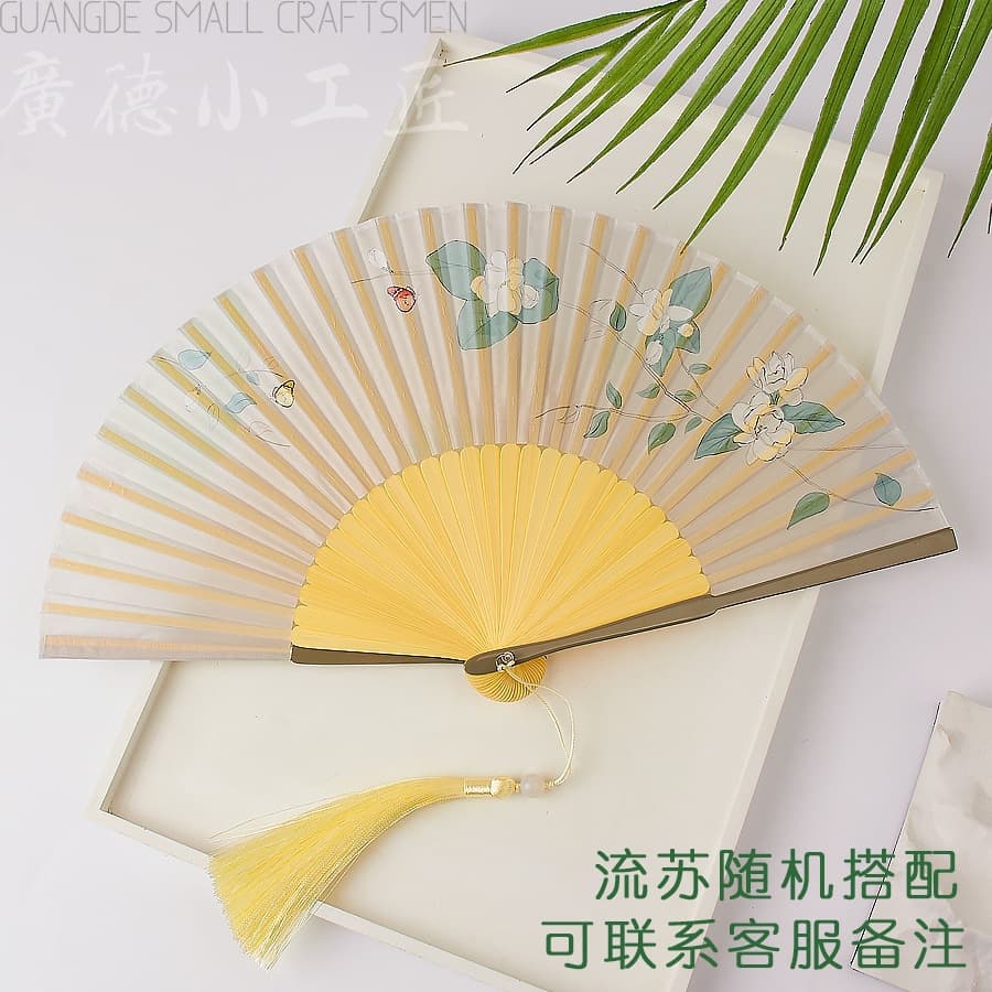 Ancient Fan Folding Fan Chinese Style Summer Portable Hanfu Flag Folding Small Bamboo Fan Gardenia Flower Dance Fan