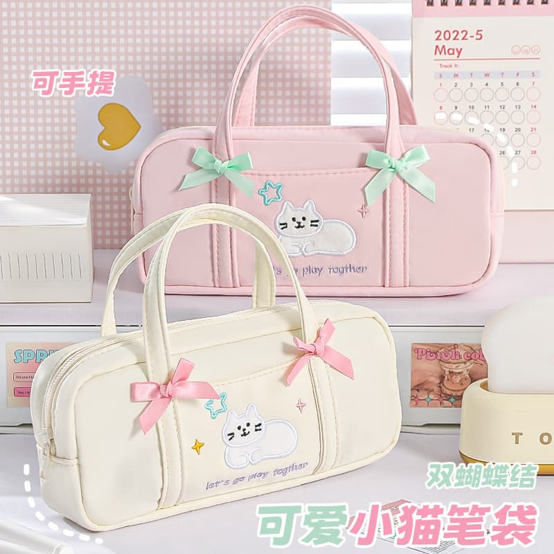 Cute bow kitten pencil case, portable embroidered, high-looking, fresh, convenient, simple, multifunctional stationery bag