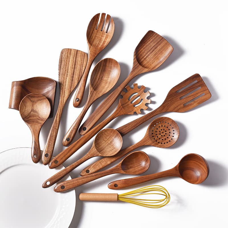 Acacia Wood Spatula and Spoon Set, Long Handle Wooden Non-Stick Cooking Spatula, Soup Spoon, Kitchen Utensils Wholesale
