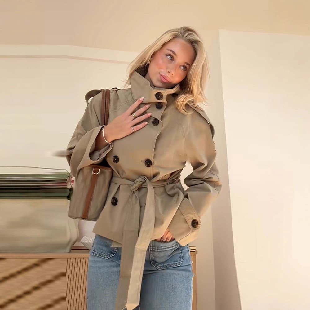 Foreign Trade 2025 New Retro Lapel Design Double-breasted Belted Versatile Long Sleeve Short Trench Coat