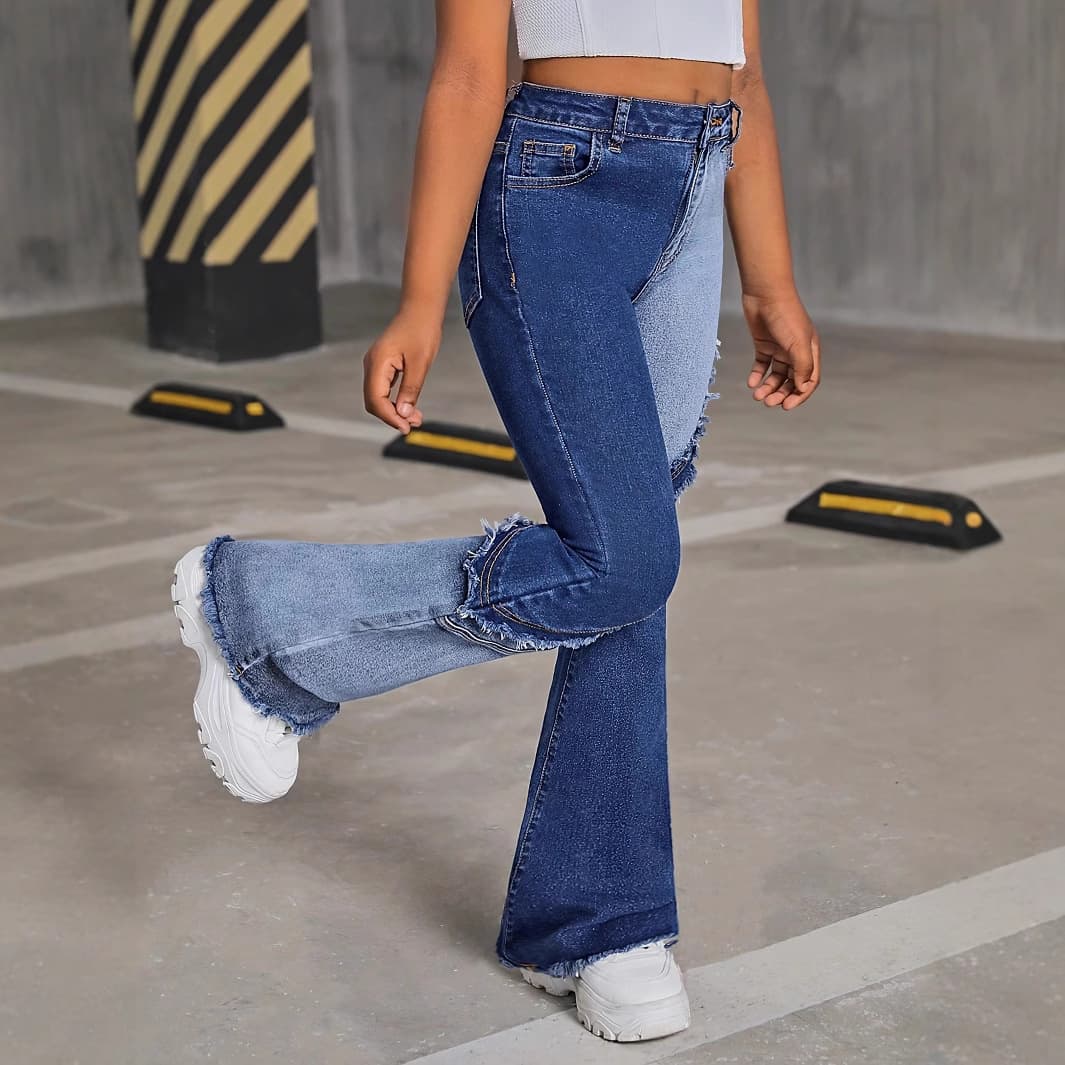 Fashionable Spliced Elastic Bell Bottom Jeans for Teenage Girls High Waist Long Pants Basic Style Cotton Fabric Jeans