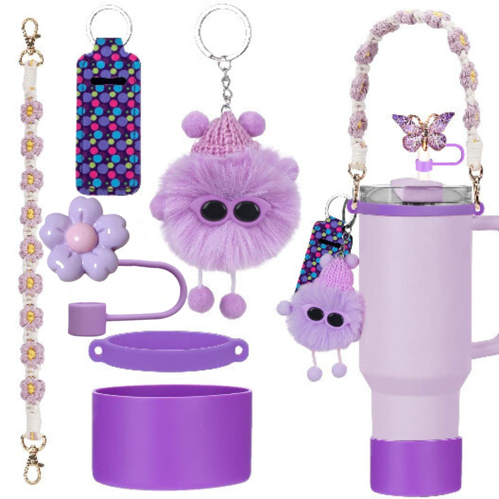 Stanley Cup Silicone Solid Color Cup Sleeve Flower Handle Strap Fairy Pom-Pom Charm Small Flower Straw Cap Lipstick Bag