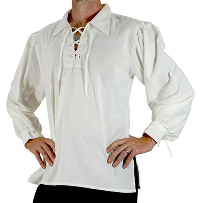 2023 Wish medieval men's lace-up lapel retro shirt loose casual top CB8922