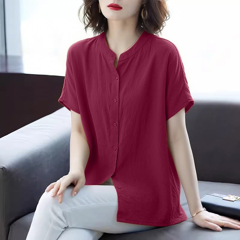 Summer Thin Retro Short Sleeve Stand Collar Shirt Women's Mother's Large Size Loose Belly Covering Cotton and Linen Shirt Solid Color Top