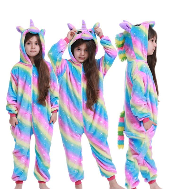 Cartoon Animal Onesie Pajamas for Kids, Autumn Winter Unisex, Pegasus Flannel Loungewear, Rainbow Thick Warm