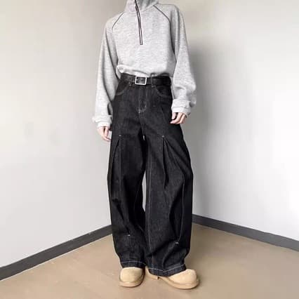 2025 American Retro Black Curved Jeans Ins 3D Pleated Baggy Wide Leg Raw Denim Sickle Pants