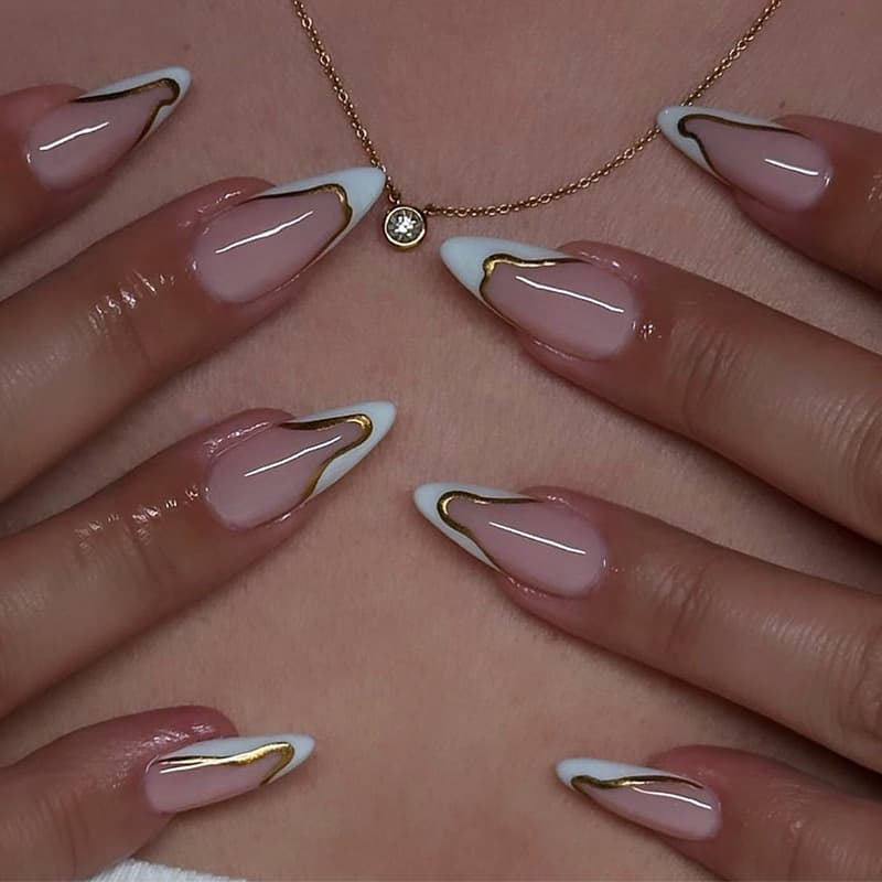 Wearable Almond Nails Premium French Gold Trim Irregular Press-On Nails