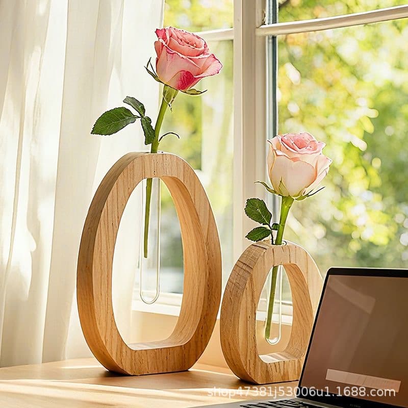 Creative Solid Wood Hydroponic Vase Desktop Flower Arrangement Wooden Home Decoration Office Ornament