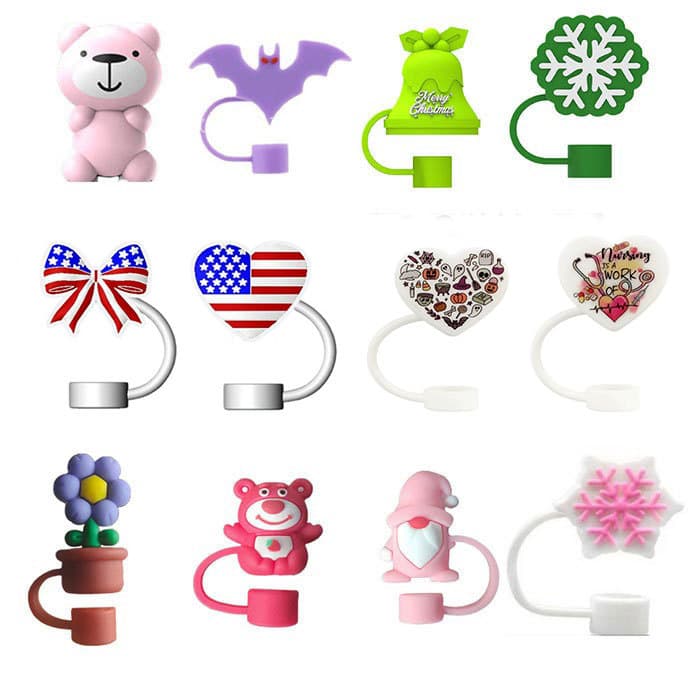 Cross-Border Food-Grade Silicone Solid Color Straws with Fun Dust Covers, Reusable Straw Dust Plugs in Stock