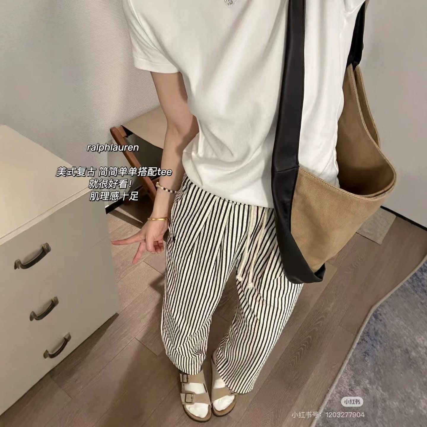 RL~Ralph Lauren Spring/Summer New Women's Embroidered Pony Vertical Stripe Bubble Cotton Yarn Straight Casual Long Pants Striped