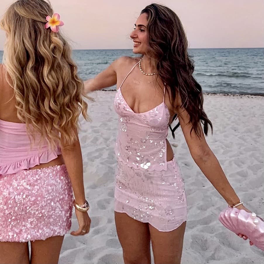 Cross-border European and American Style 2025 Summer New Chiffon Women's Fashion Sexy Camisole Sequin Backless Top and Skirt Set