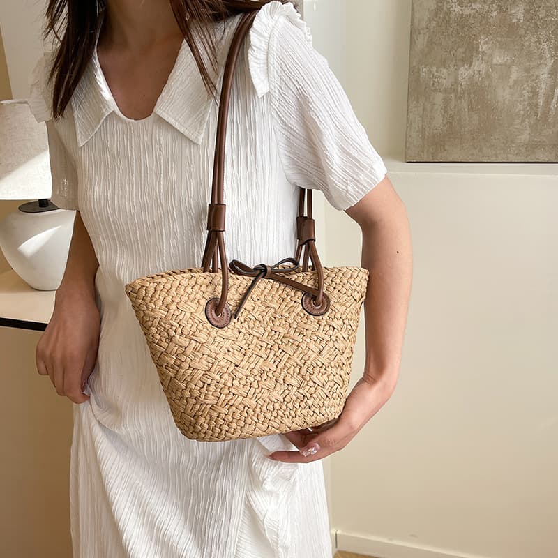 Fashion Solid Color Woven Bag Large Capacity Vacation Bag Straw Bag Tote Bag Small and Large Size Basket Bag for Women