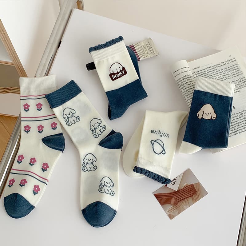 Cute Women's Socks Four Seasons Cotton Seamless Socks Cartoon School Style Mid-Calf Blue Long Socks Zhuji Socks