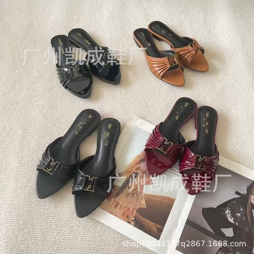Yang Shulin New Black Flat Genuine Leather Women's Open Toe Versatile Round Toe Metal Buckle Outdoor Sandals