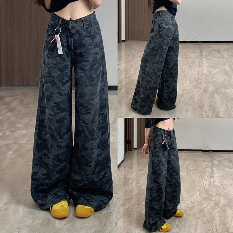 American Streetwear Cargo Wide-Leg Camo Jeans for Women 2025 Spring New Retro High-Waist Loose Trousers