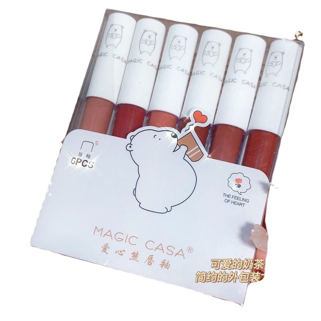 MAGIC CASA Love Bear Lip Gloss Six-Piece Set Long-Lasting Lipstick Matte Moisturizing Lip Mud Cross-Border Cosmetics