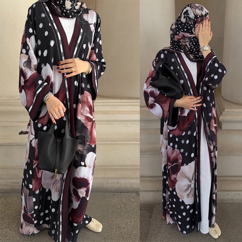 MQ279 Modest 2026 Summer New Floral Dot Print Jacket and Headscarf Two-Piece Set Women's Jacket