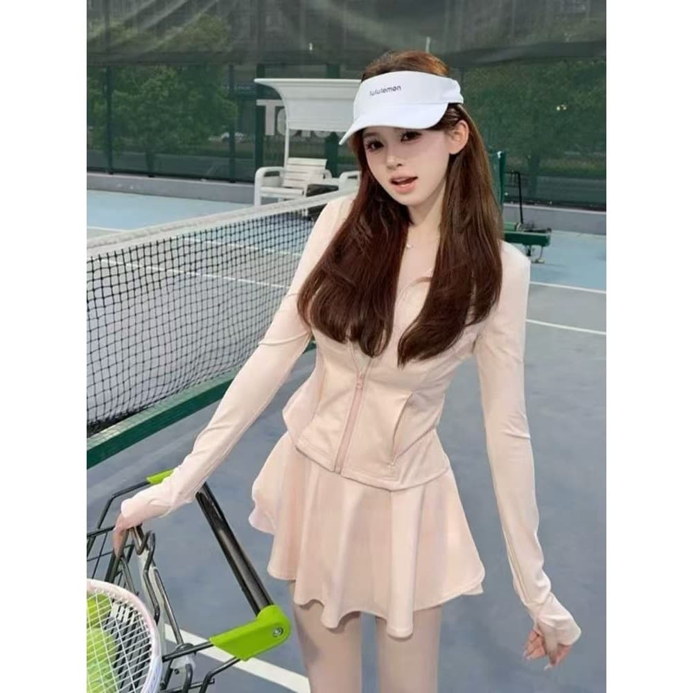 Sporty Chic Sun Protection Set for Women: 2026 Spring/Summer Design Fitted Stand Collar Jacket Slimming Skirt Set