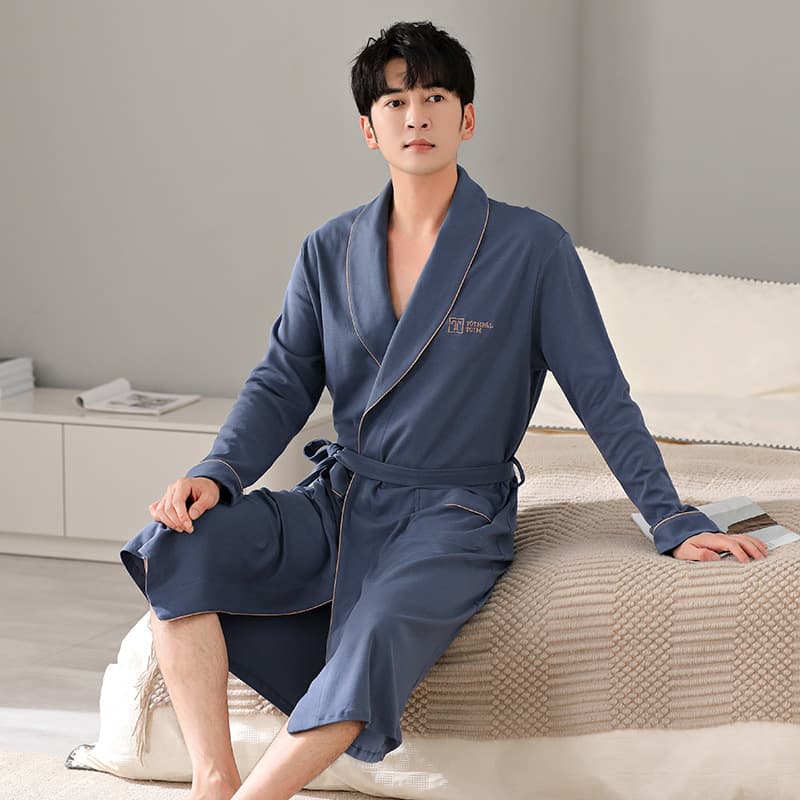 Men's Cotton High-End Long-Sleeve Cardigan Bathrobe, Loose and Comfortable, Plus Size, Youth Homewear Morning Robe for Autumn and Winter