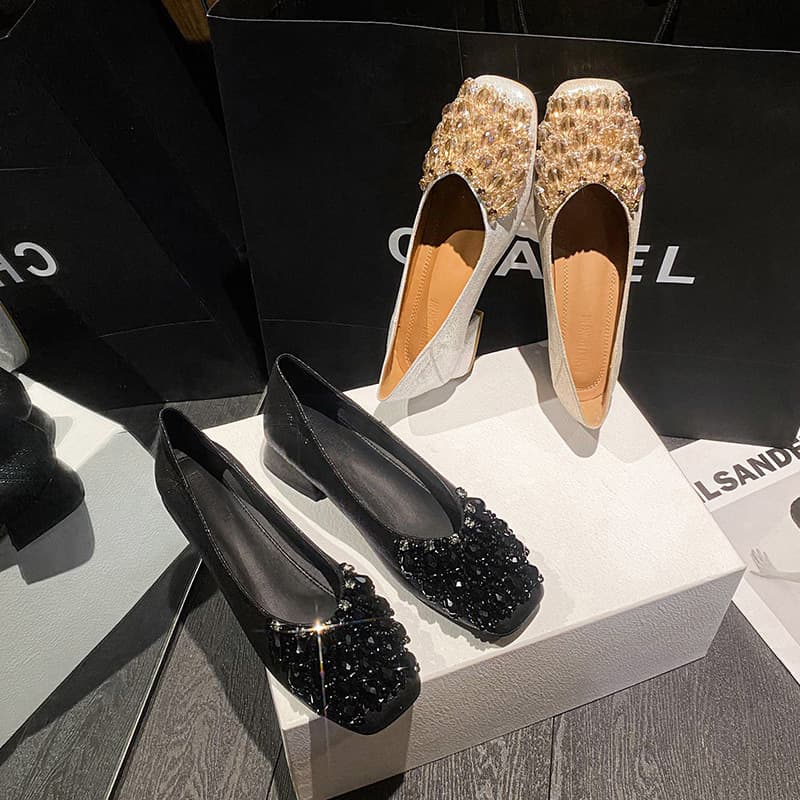 2293-1 Chunky Mid Heel French Rhinestone Versatile Flats New Low Heel Fairy Style Plus Size Women's Shoes 41