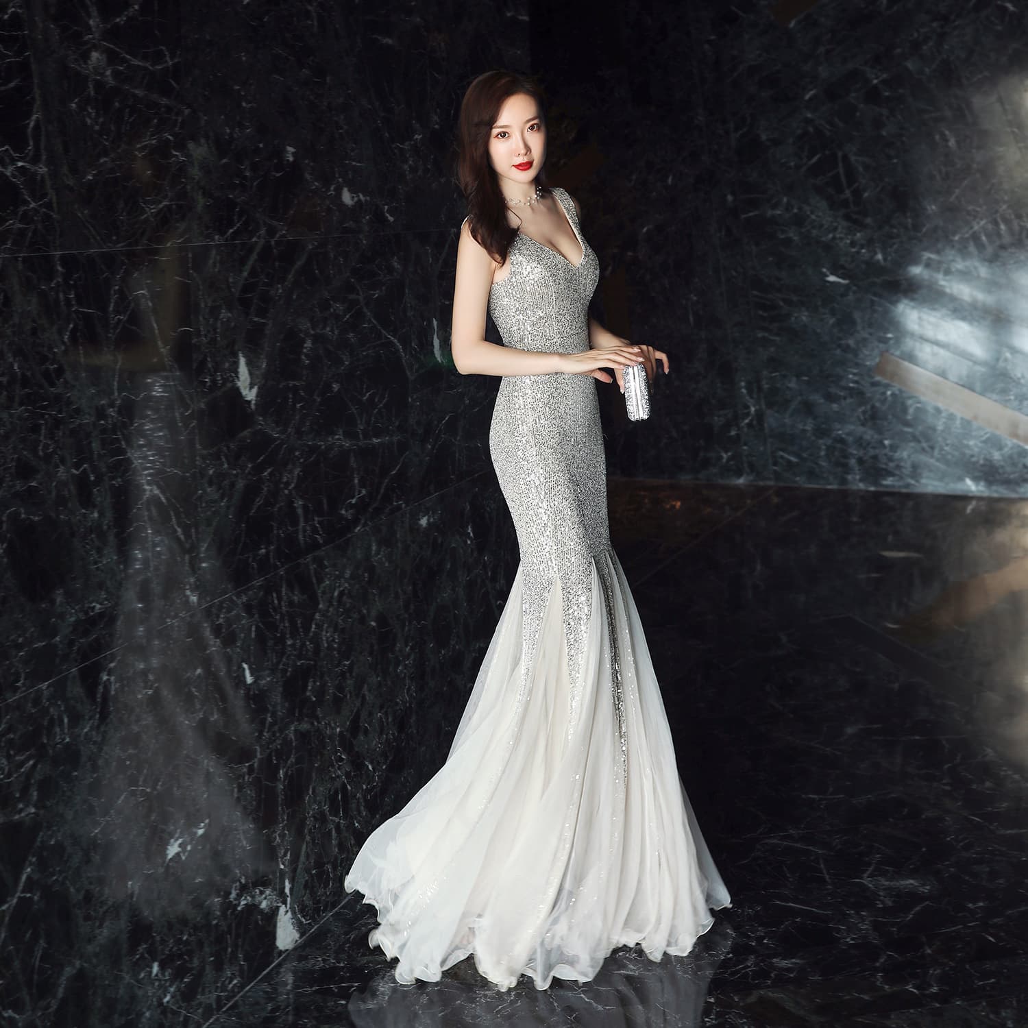 16538 # Women's Evening Dress, New Banquet Style, Elegant Long Fishtail Sequin Sexy Dress for Annual Party
