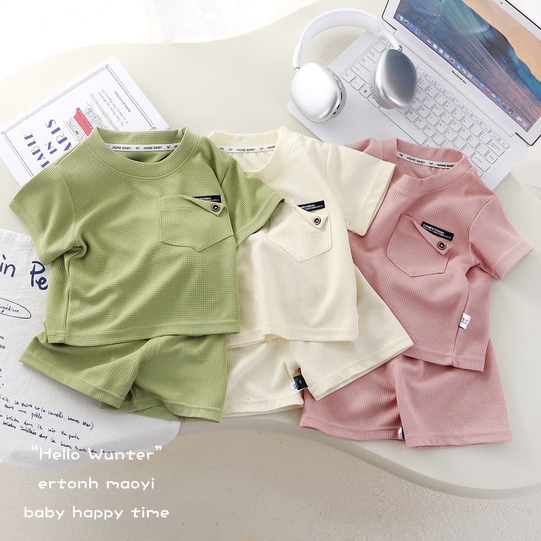 New children's waffle short-sleeved suit summer casual sportswear for boys and girls, fresh and thin two-piece set