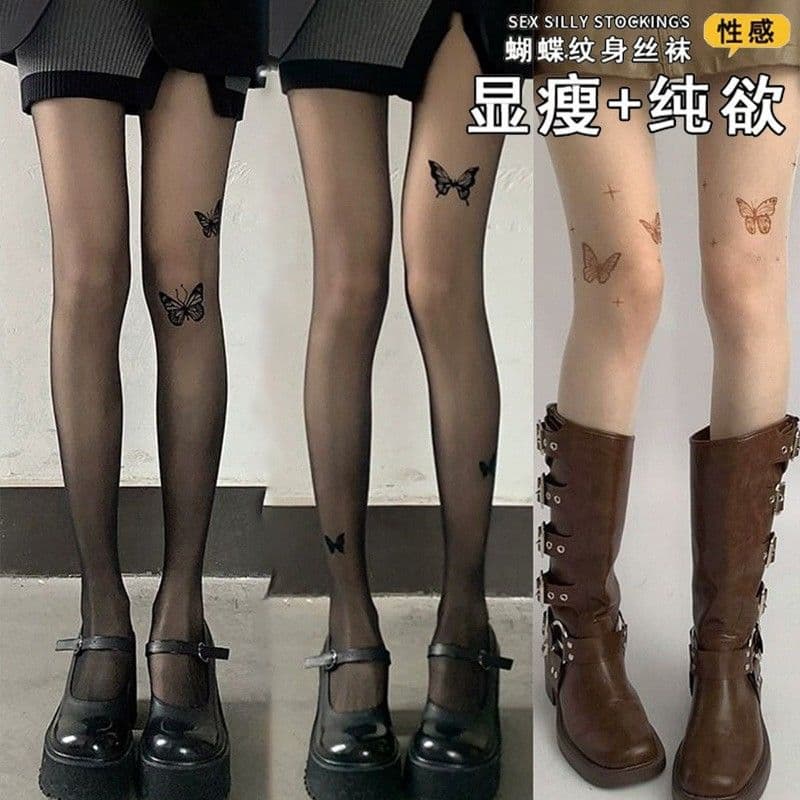 New Bowknot Over-the-Knee Stockings Black Fishnet Stockings Lace Trim Long Tube Printed Butterfly Subculture Skin Stockings