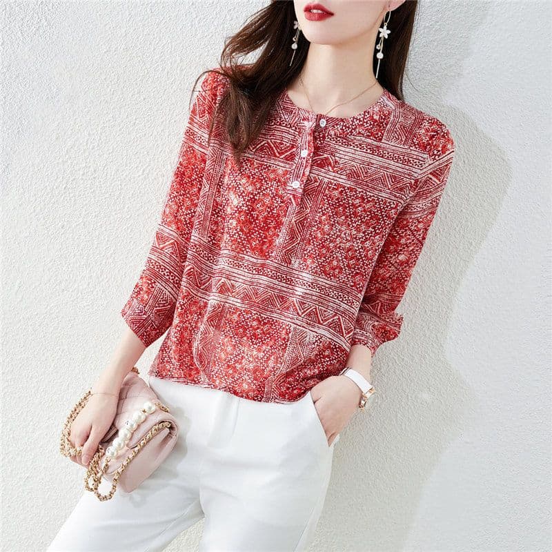 Summer new style fashionable retro ethnic print top, simple three-quarter sleeve shirt for women.