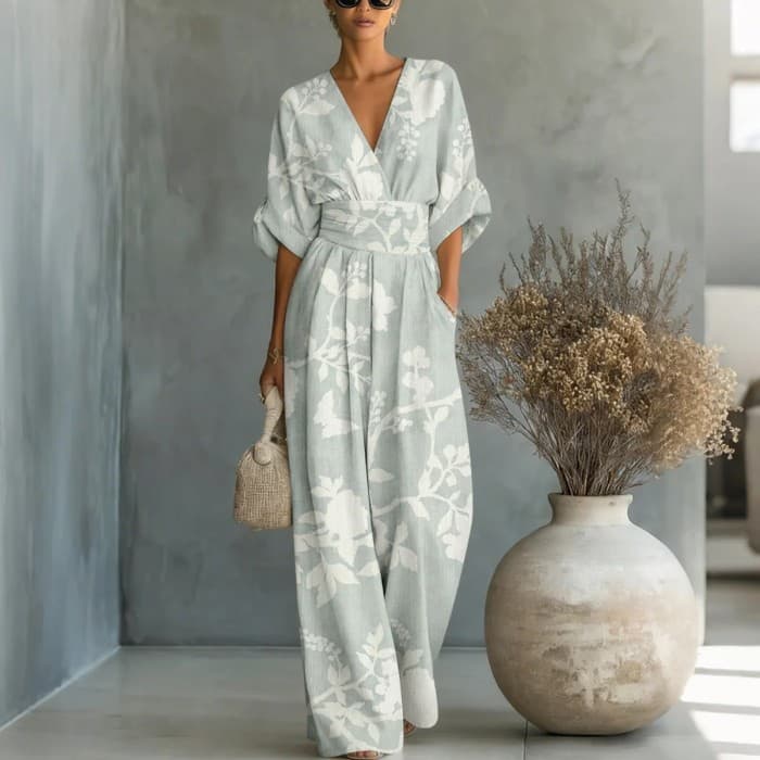 2026 European and American Cross-Border Spring and Summer New Amazon Elegant Waist-Cinching V-Neck Stylish Printed Women's Jumpsuit
