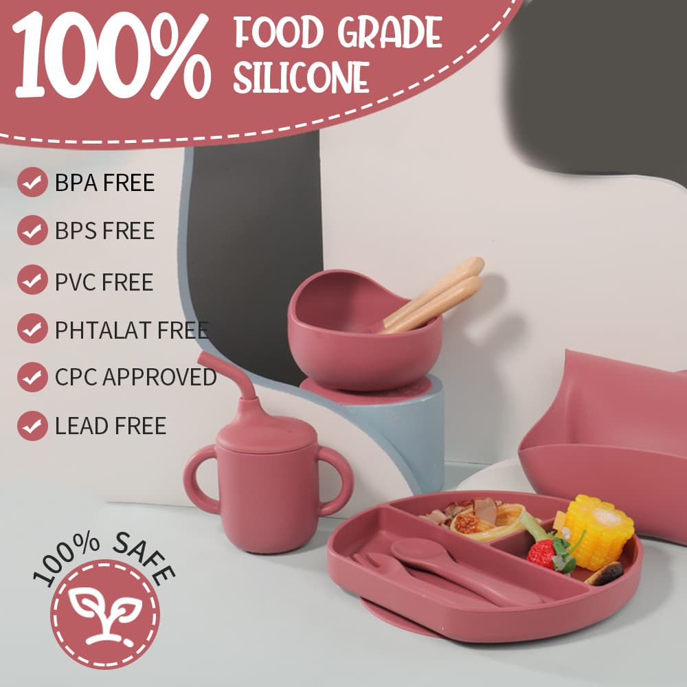 Food-Grade Silicone Kids Dinnerware Set Cake Cup Suction Bowl Divided Plate Bib Amazon Same Style