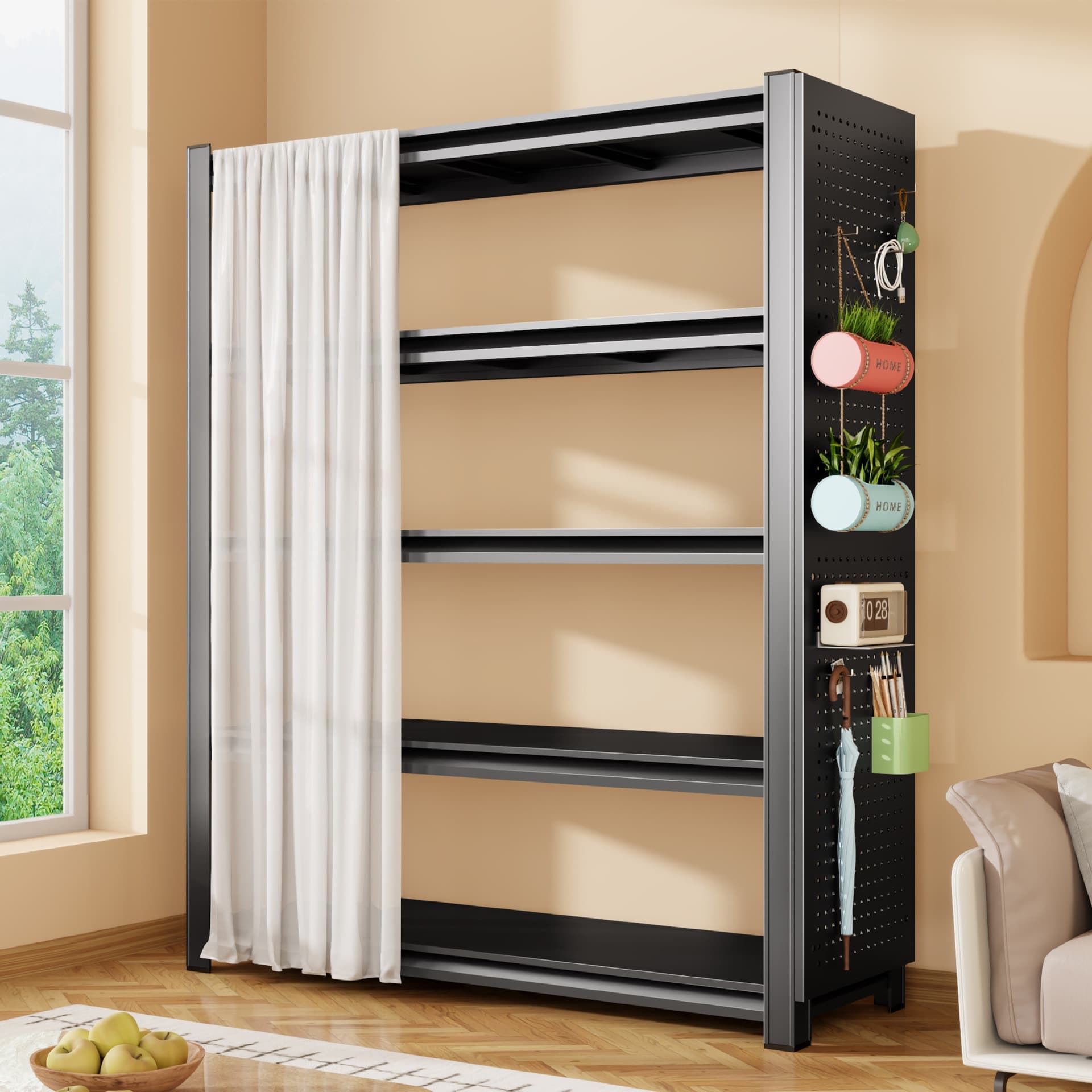 Home storage shelves with perforated side panels, multi-tiered floor-standing storage room/balcony storage room/partition room with dust curtain