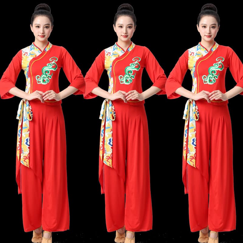 Square Dance Costume Set Spring Summer Northern Shaanxi Yangko Dance Women's Waist Drum Umbrella Dance Performance Costume Ethnic Style Long Sleeve