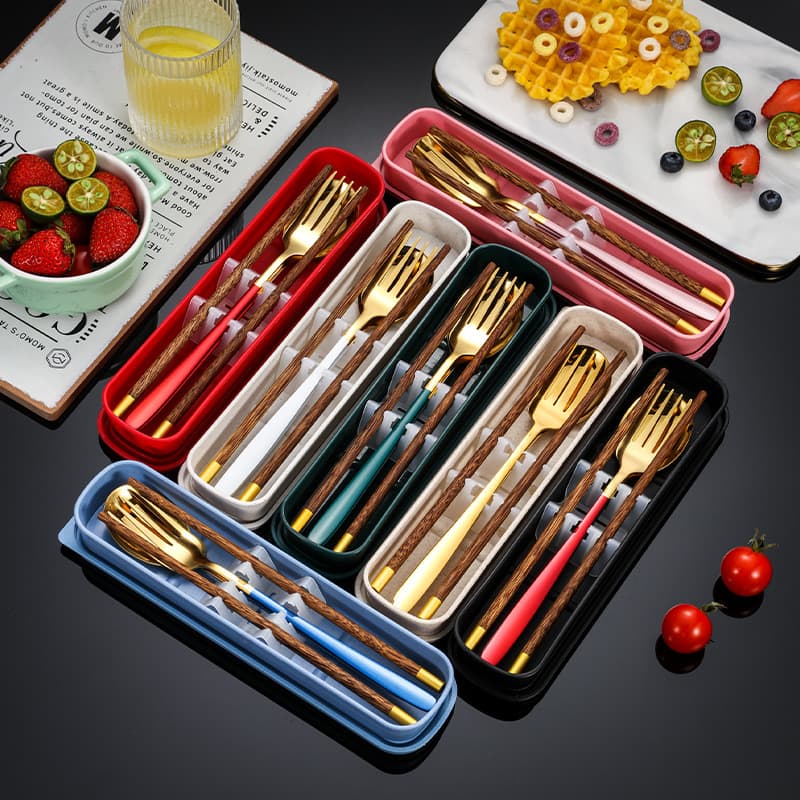 Korean Style Portable Utensils Chopsticks Spoon Fork Creative Student Travel Cutlery Single Storage Box Stainless Steel Three-Piece Set